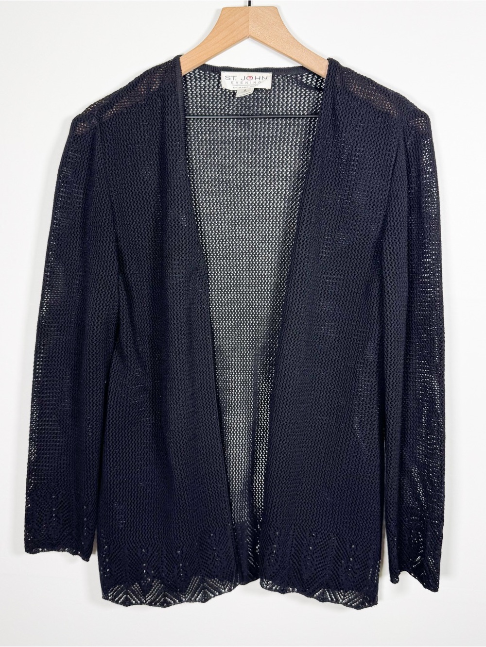 Vintage ST JOHN Evening Open Knit Cord Sequin Black Sweater Cardigan Sz 6